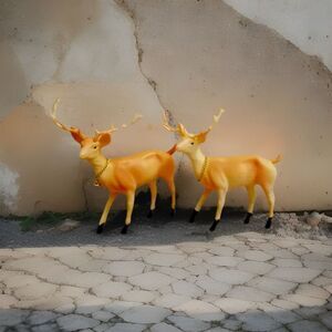 2 Vintage‎ Hard Plastic Blow Mold Deer, Doe, Standing, Walking Reindeer, 6" tall